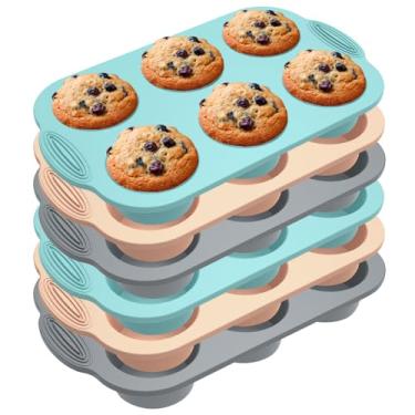 Imagem de Tcwhniev 6 formas de silicone para muffin, forma de cupcake de silicone com 6 cavidades, lata de silicone resistente ao calor, forma antiaderente, bandeja de silicone reutilizável para assar