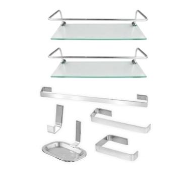 Imagem de Kit de Acessórios Para Banheiro, 5 Peças, Cromado, Metal e Vidro, Com Porta Shampoo Reto, Suporte de Toalha, Saboneteira