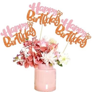 Imagem de Ephlyn 12Pcs Happy Birthday Party Decorations Birthday Sign Centerpiece Sticks Double Sided Glitter Table Toppers Decorations for Baby Shower Anniversary Party Decors Favors Pink Orange