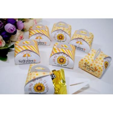 Imagem de Setembro Amarelo Caixinha Porta Bombom Decorativa, Girassol e Guarda-Chuva, Amarelo e Branco, Kit com Embalagens para Doces (30 unidades)