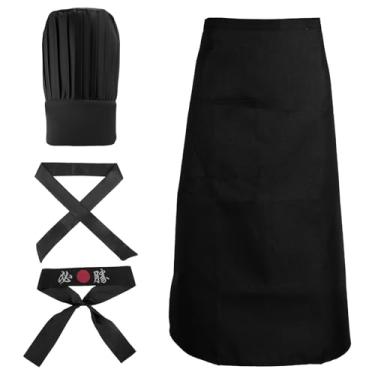 Imagem de Conjunto de Fantasia de Chef Hibachi, Avental Chef Teppanyaki com Faixa Japonesa Ajustável e Gravata Acessórios Fantasia Hibachi para Mulher Homem (Preto)