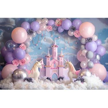 Imagem de YongFoto Castelo princesa arco balão pano de fundo 3 x 2,4 m nuvens flor unicórnio fotografia fundo doce bebê menina um ano 1º 2º dois aniversário festa banner criança retrato sessão de fotos papel de