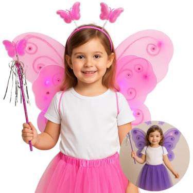 Imagem de Fantasia Infantil Borboleta LED, Conjunto com Asas Iluminadas, Saia Tule, Tiara e Varinha, Rosa (Rosa)