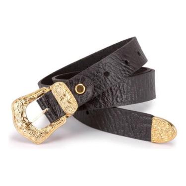 Imagem de Cinto Couro Legítimo Feminino Country Fino Com Fivela Dourada - ello g