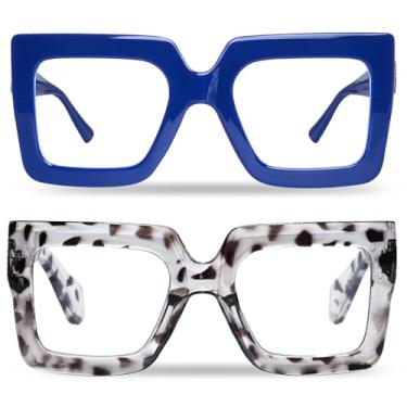 Imagem de hoyuwak 2 peças de óculos grandes quadrados azuis, armação grande, óculos de computador, grossos, modernos, transparentes, para mulheres, moda, Leopardo azul e branco, 148*58mm, 54mm, 145mm