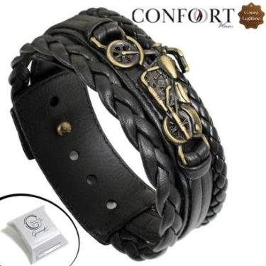Imagem de Pulseira de Couro Preto Ajustável Motoqueiro Ouro Velho Trança Moto-Unissex