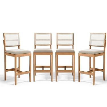 Imagem de Kit Com 4 Banquetas Milena Madeira Maciça Assento Estofado Encosto De Tela Sintética Veludo Bege 102