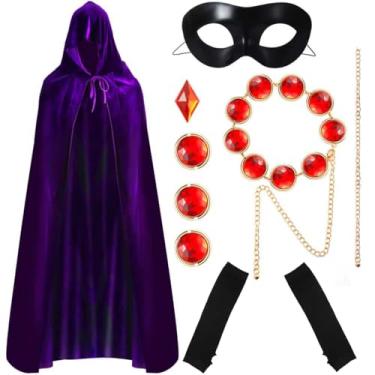 Imagem de MOAMDAUT Conjunto de 6 peças de manto roxo de Halloween para mulheres, capa com capuz, anime, Cos, luvas de cintura vermelha, ajustável, máscara para os olhos, Roxa, G