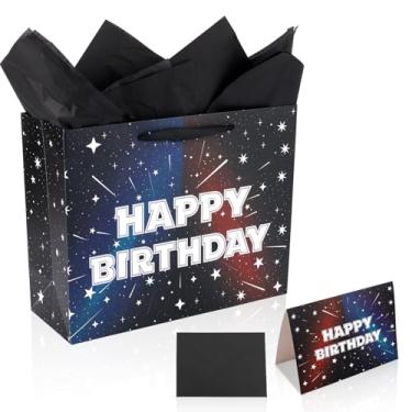 Imagem de Sacola Presente Tema Desenho Animado Galáxia Preta, Sacola de Presente Feliz Aniversário Galaxy Star com Envelope e Cartão com Alça Adequada para Lanches Doces Festivais