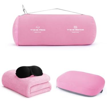 Imagem de urnexttour Conjunto de travesseiro e cobertor de viagem 4 em 1 com máscara para os olhos, suporte de pescoço de espuma de memória, cobertor de 127 x 163 cm, bolsa de armazenamento para avião, carro