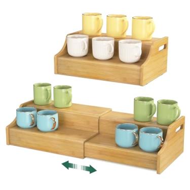 Imagem de EsLuker.ly Suporte de caneca de café para armários de bancada, organizador expansível de 2 níveis de armazenamento de canecas de bambu para mesa de cozinha, sem montagem, mais espaço
