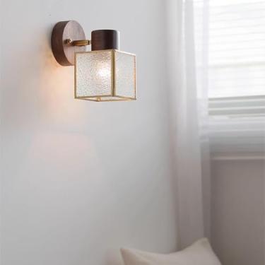 Imagem de Luminárias de parede de abajur de vidro transparente, criativas, americanas, redondas, base de nogueira, arandelas de parede, base E26/E27, ajustável, para quarto, luz de parede para corredo