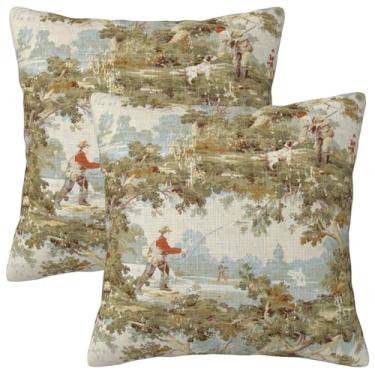 Imagem de Jencoleekim Farmhouse Country Capas de almofada de linho vintage 50 x 50 cm conjunto de 2 almofadas decorativas rústicas capa de almofada retrô pesca padrão caça capa de almofada de interior exterior