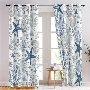 Imagem de Cortinas costeiras para quarto, cortinas de praia de verão para janelas, cortina de janela de estrela do mar azul cortina náutica concha do oceano 132 x 213 cm de comprimento, 2 painéis, concha