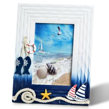 Imagem de KaloKalo Molduras de praia 10 x 15 cm, vintage, feitas à mão, de madeira, oceano mediterrâneo, estrela-do-mar, litoral, náutico, verão, decoração de presente para casa, café marinho, decoração tipo 3