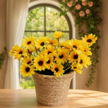 Imagem de Arranjo Decorativo com Vaso de Palha e 2 Buquês de Girassóis Artificiais, Amarelo, 30cm de Altura, para Decoração de Casa