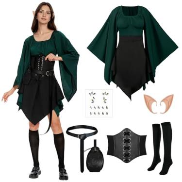 Imagem de 7 peças de fantasia de elfo renascentista tradicional vestido irlandês fantasia de fada para cosplay de Halloween (verde e preto, M)