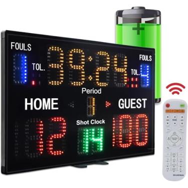 Imagem de YZ Placar de basquete de LED com relógio de arremesso, placar de basquete portátil, placar digital com controle remoto, placar eletrônico com cronômetro, marcador digital ao ar livre