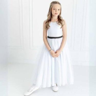 Imagem de Vestido Infantil Longo Branco com Tule e Cinto Preto Daminha Casamento