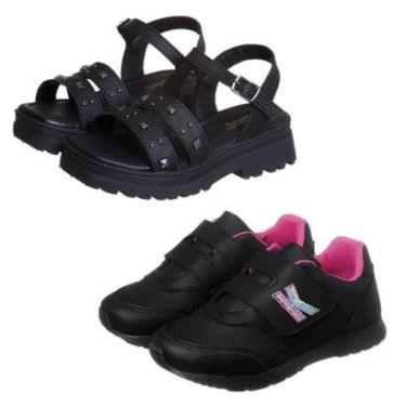 Imagem de Kit 2 Pares Tênis Infantil Menina Escolar Preto Pink e Sandália Tratorada Spike Kidstep-Feminino