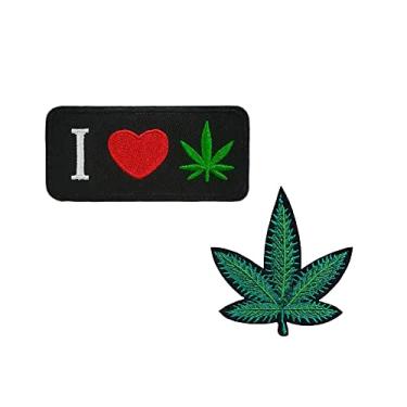 Imagem de Conjunto de 2 peças fofo I Love Pot Leaf Grass Cânhamo Bordado Ferro em Patches Hippie Boho Emblema de maconha