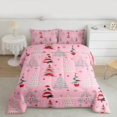 Imagem de jejeloiu Jogo de cama solteiro com estampa de árvore de Natal, floco de neve, para crianças, meninos, meninas, rosa, para decoração de quarto, 2 peças com 67 fronhas