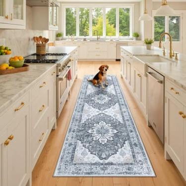 Imagem de RELEANY Tapetes de área de 6 x 20 cm lavável, antiderrapante, estampa floral, vintage, tapete medalhão para sala de estar, quarto, sala de jantar, cinza claro, cinza e branco