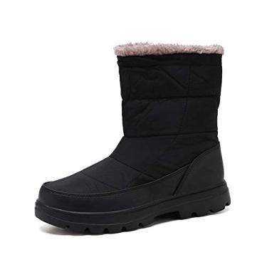 Imagem de Bigfanshu Botas masculinas de lona à prova d'água com pele para uso ao ar livre, botas de neve quentes, tênis macio para caminhada, moda masculina, cano médio, botas de neve sem cadarço e sem zíper, Preto, 39 BR G