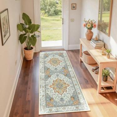 Imagem de RELEANY Tapetes de área 6 x 15 cm, lavável, antiderrapante, estampa floral, vintage, tapete medalhão para sala de estar, quarto, sala de jantar, amarelo claro, cinza carbono laranja