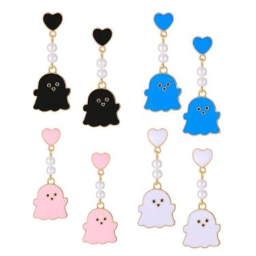 Imagem de 4 pais brincos de fantasma de Halloween para mulheres engraçados fantasma criativo branco azul rosa amor coração pérola pingente brincos joias presentes, Medium, Liga de aço, Sem pedra preciosa