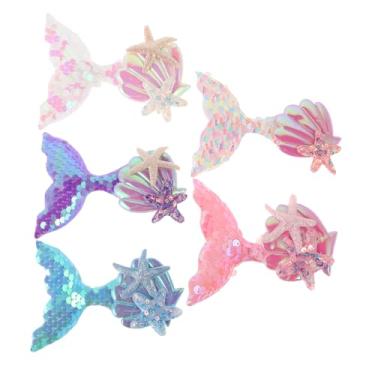 Imagem de 5 peças de grampos de cabelo de cauda de sereia para meninas, acessórios de lantejoulas para crianças pequenas, para festas e estilo diário, design fofo de desenho animado, cores pastel