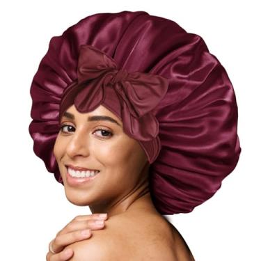 Imagem de Touca de cetim de seda para dormir touca de cabelo forrada de cetim de camada dupla com faixa de gravata para mulheres capota de cabelo ajustável, Vinho tinto, tamanho �nico