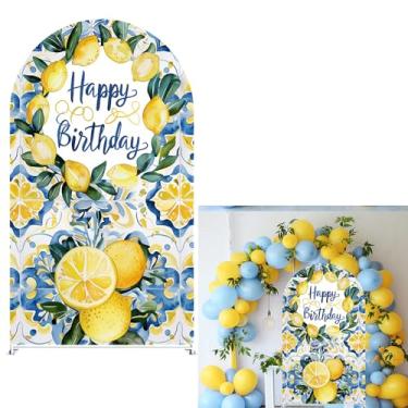 Imagem de Uoimystify Capa de arco de elastano azul limão e amarelo floral elástico para decoração de festa de aniversário, perfeito para eventos de cabine de fotos (1,8 x 0,8 m, GX-3090)