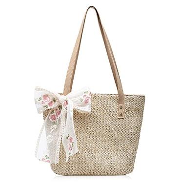 Imagem de QTKJ Bolsa feminina grande de palha para praia, bolsas tecidas à mão, bolsa de ombro, alça de couro, bolsas de praia com laço de renda fofo (Cáqui), Cáqui, branco, 13.38''x 5.51''x 9.44''