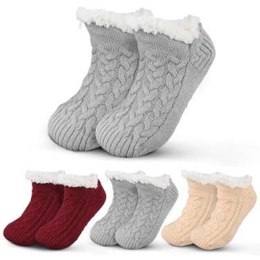 Imagem de Cutecrop 3 pares de meias unissex fofas e quentes para homens e mulheres, forradas com lã, antiderrapante, Natal, Dia de Ação de Graças, para uso interno, inverno, presentes, Damasco, vermelho, cinza