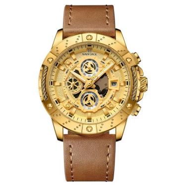 Imagem de Relógio Masculino Pulseira Couro Genuino Esportivo Quartzo à Prova D´agua Dourado