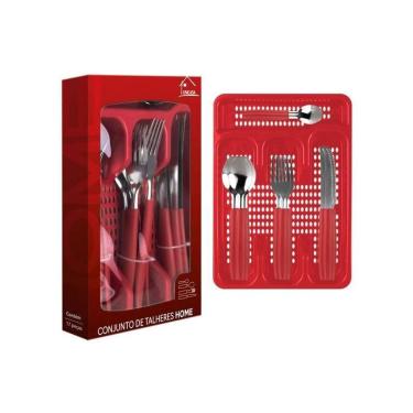 Imagem de Jogo De Faqueiro Vermelho Faca Garfo Colher Porta Talher