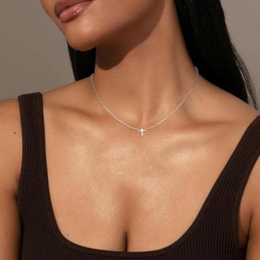 Imagem de Colar de cruz para mulheres e meninas, moderno, delicado, banhado a ouro 14 K, rosário, gargantilha com pingente de cruz, não mancha, à prova d'água, fofo, simples, pequeno, colar, Páscoa, batismo, fé