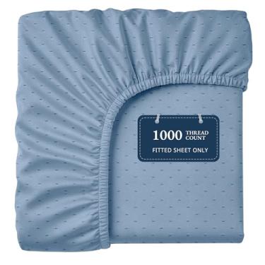 Imagem de Lane Linen Lençol de elástico 100% algodão egípcio (139,7 cm x 193 cm + 40,6 cm) - Tecido acetinado elegante, ultramacio, respirável, altamente durável, bolsos profundos de até 43 cm - Azul francês