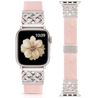 Imagem de Minyee Pulseira magnética elástica compatível com Apple Watch séries 11 10 9 8 7 6 5 4 SE/Ultra 3 2 1, rosa/luz das estrelas de 42/44/45/46/49 mm
