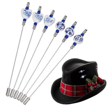 Imagem de DELORIGIN 6 pinos de chapéu de porcelana azul e branco 11 cm flor contas lapela pino latão decorativo longo agulha pinos para chapéu gravata cachecol crachá terno cardigã joias casamento aniversário