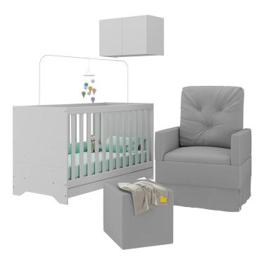 Imagem de Berço 3 Em 1 Com Colchão Poltrona Puff E Armário Aéreo 2 Portas Multimóveis Mp4166 Branco/cinza Branco/cinza