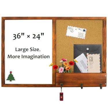 Imagem de TORASO Quadro apagável a seco e quadro de cortiça, quadro branco e quadro de avisos, classificador de correio montado na parede e ganchos para chave, moldura marrom nogueira de madeira de pinho maciça