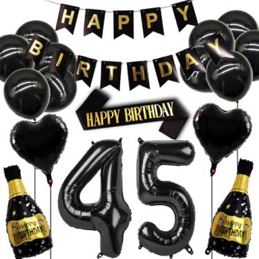 Imagem de Conjunto de decorações de aniversário de 45 anos para mulheres e homens, balão de decoração de aniversário de 45 anos em ouro preto, suprimentos para festa de nascimento de 45 anos, incluindo faixa