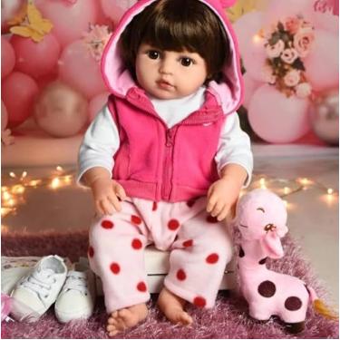 Imagem de Boneca Bebê Reborn Menina Realista de Silicone + Girafinha Rosa + Roupas Luxo 48 cm Pode Tomar Banho