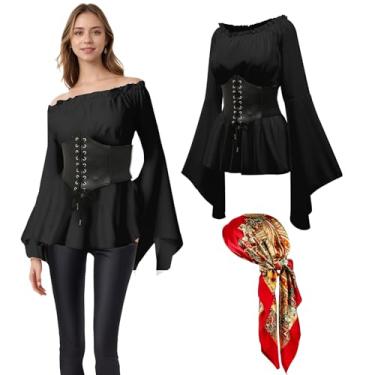 Imagem de rumnigh Fantasia feminina de pirata, blusa, espartilho e cinto, fantasia medieval renascentista, camisa de pirata com ombro de fora (preta, média)