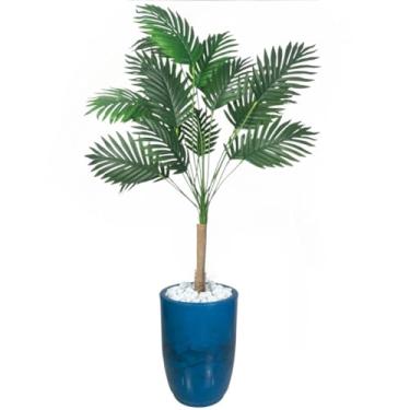 Imagem de Bambu Artificial, Planta Artificial Palmeira Decoração com Vaso 3d Polietileno, 30×25×110cm(Vaso Azul Marmorizado)