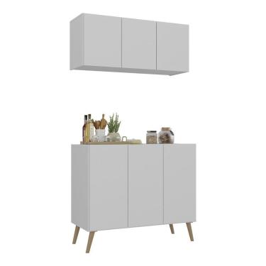 Imagem de Kit Armário De Cozinha Aéreo E Balcão 3 Portas Retrô Multimóveis Mp2168 Branco/natural