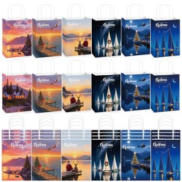 Imagem de Kolldenn 48 peças de sacos de papel kraft náutico de Natal com alça a granel 21 cm x 15 cm x 8 cm pequenos sacos de papel de Natal para familiares funcionários funcionários enfermeiros presentes de