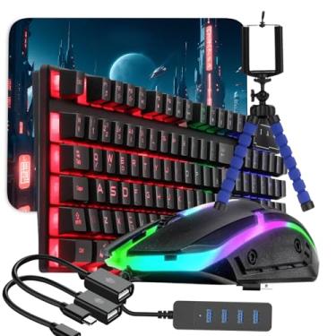 Imagem de Kit Gamer Mobilador RGB Completo com Teclado ABNT2 LED Retroiluminado RGB, Mouse 2400 DPI led, Suporte Tripé Flexível para Celular, Hub USB cabo OTG tipo c e v8